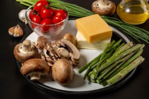 ingredients, cooking, kitchen, meal preparation, asparagus, mozzarella, champignon, cheese, cherry tomatoes, green, healthy ingredients, vegetables, mushrooms