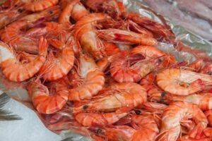 A vibrant close-up of fresh raw prawns on ice, ready for seafood enthusiasts.
